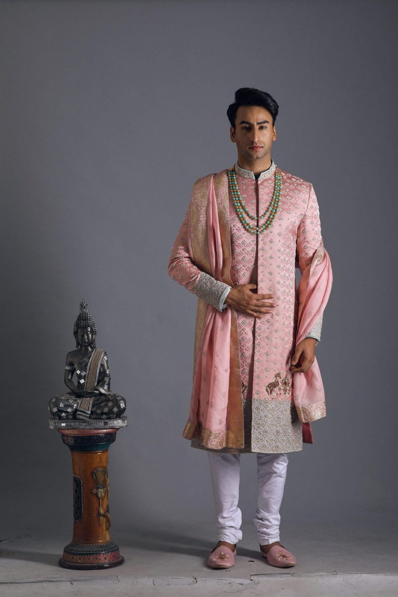 Powder Pink Embroiderred Sherwani with matching kurta and bottom