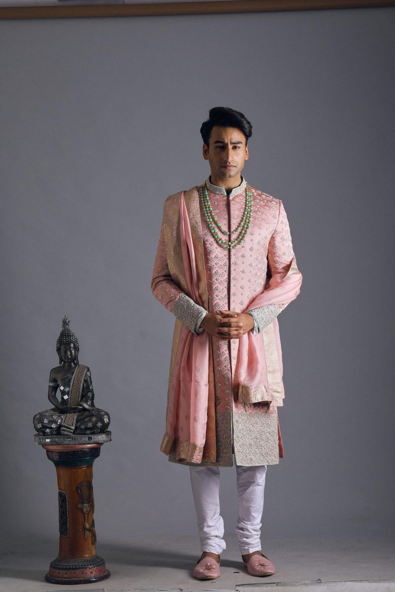 Powder Pink Embroiderred Sherwani with matching kurta and bottom - Image 2