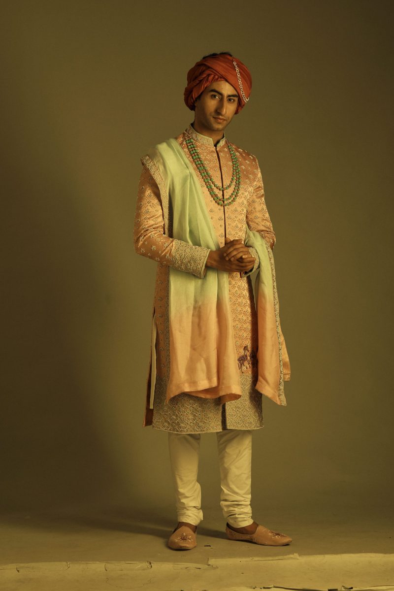 Powder Pink Embroiderred Sherwani with matching kurta and bottom - Image 3