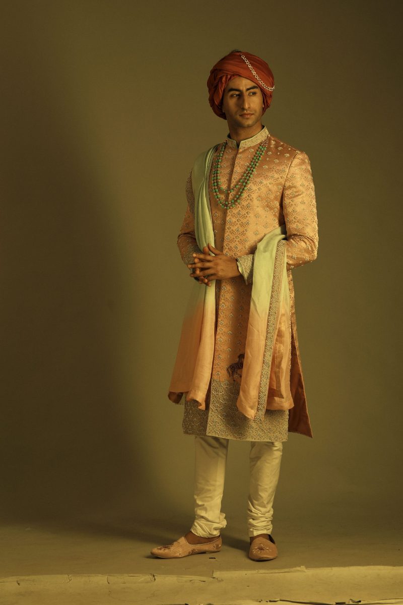 Powder Pink Embroiderred Sherwani with matching kurta and bottom - Image 4