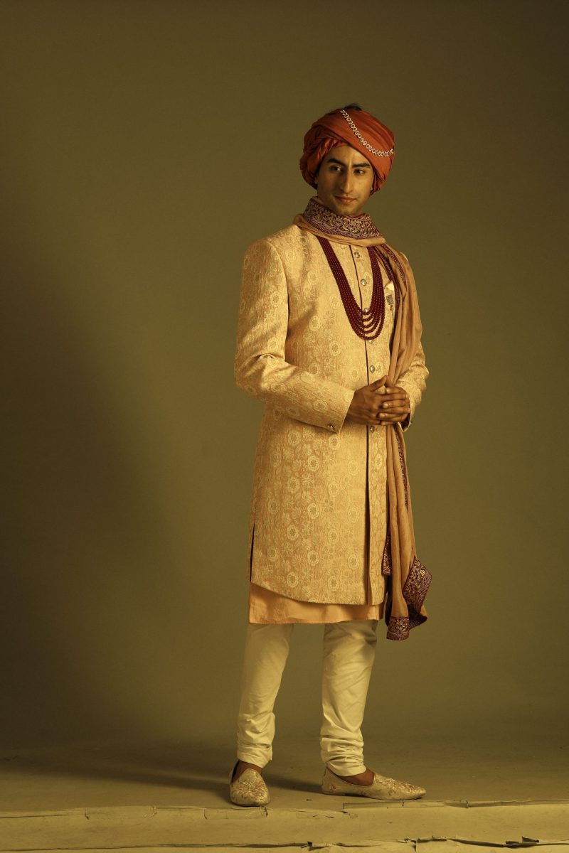 Silk sherwani Powder Pink with contrasting peach stole with red border