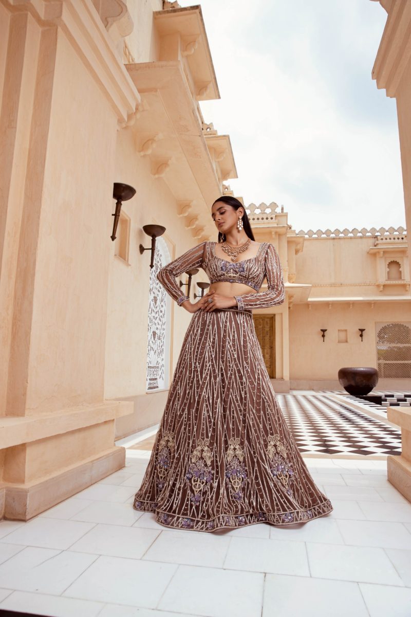 Energetic Mocha Scintilla Bridal Lehenga - Image 2