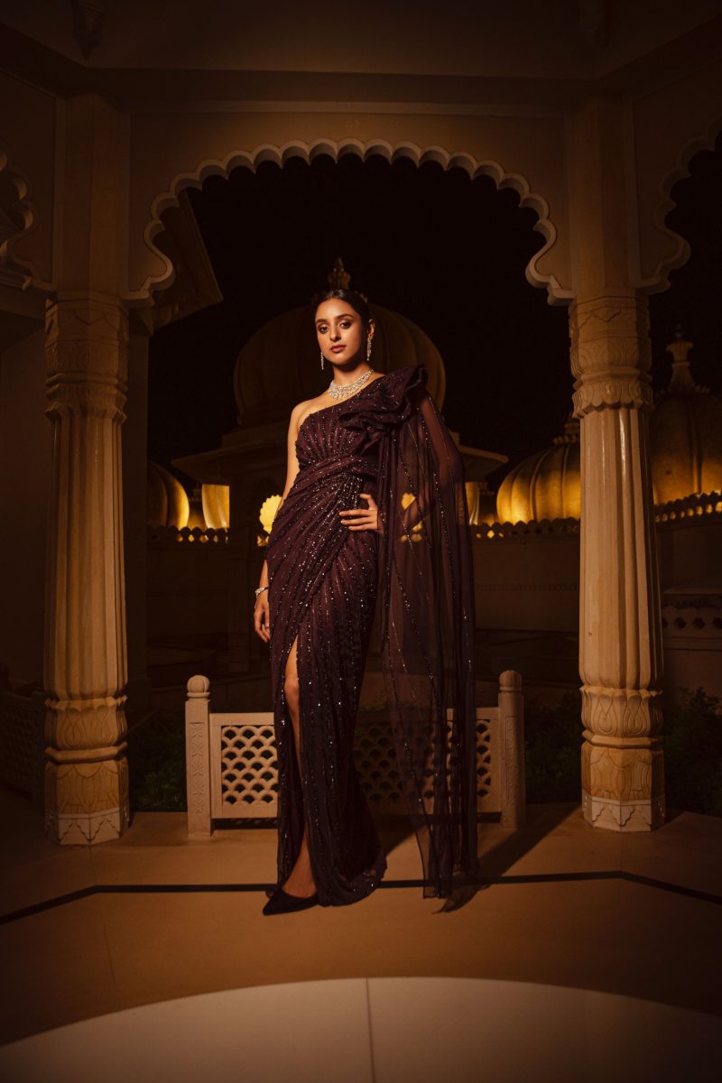 Bordeaux Cosmos Saree Embroidered Partywear Gown - Image 2