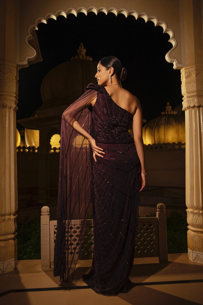 Bordeaux Cosmos Saree Embroidered Partywear Gown - Image 3