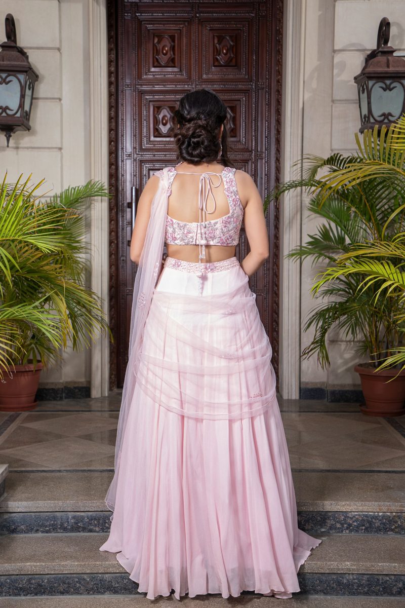 Light Pink Georgette Saree Lehenga - Image 3