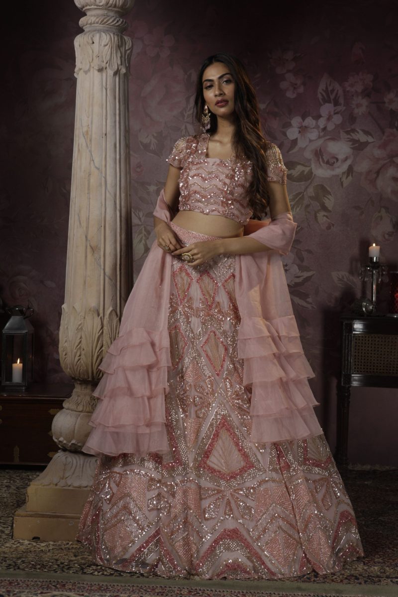 Peach Organza Partywear Lehenga Set