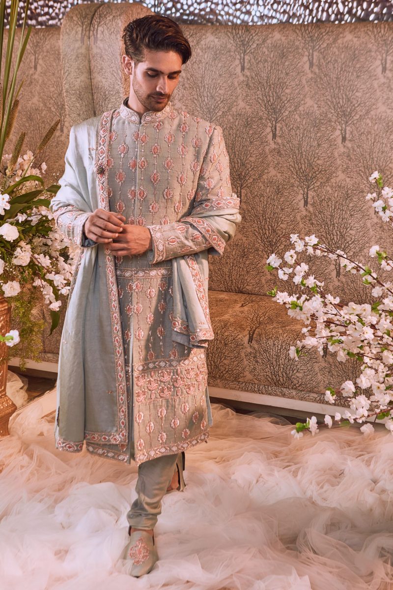 Ice Blue Embroidered Sherwani Set