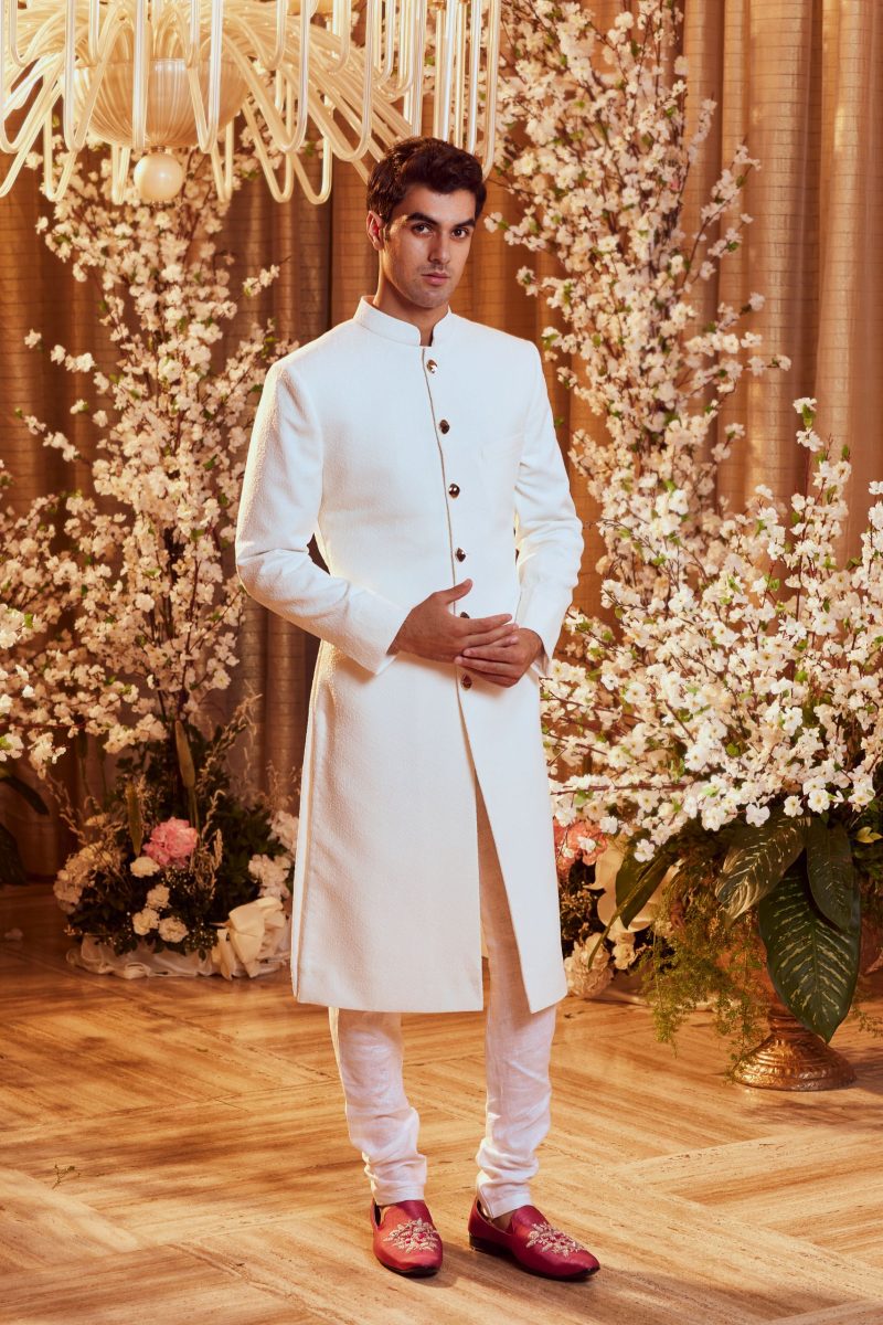 White Floral Sherwani Set - Image 2