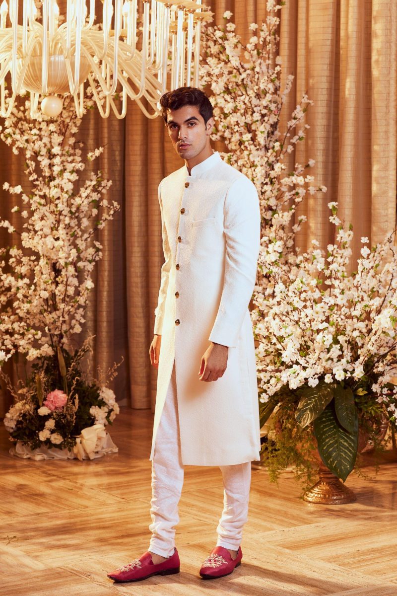 White Floral Sherwani Set