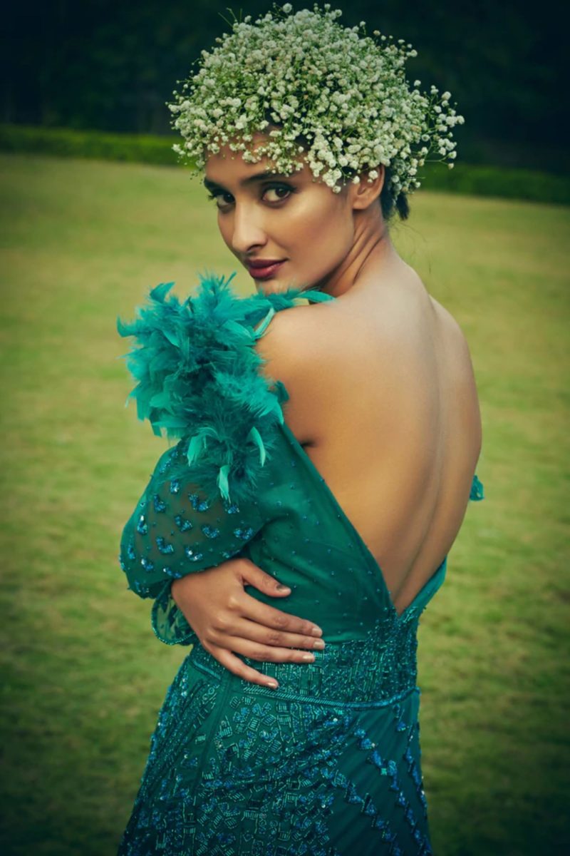 Geometrically Embroidered Ocean Blue Trail Gown - Image 2