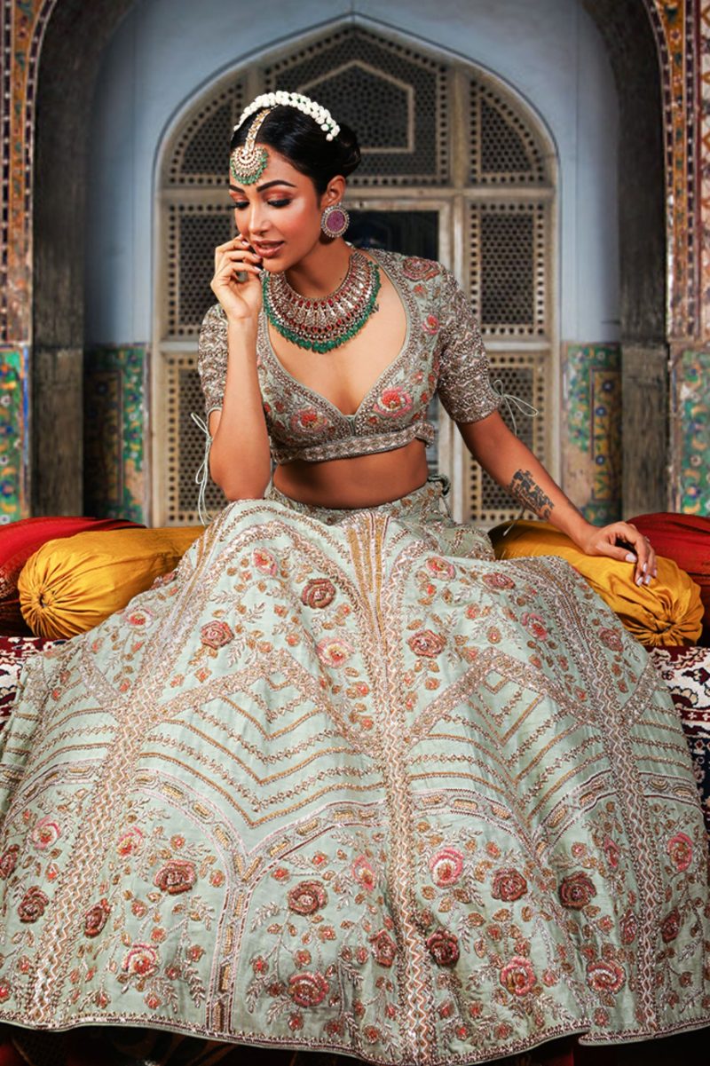 Bridal Pistachio Green Embroidered Lehenga Choli - Image 2