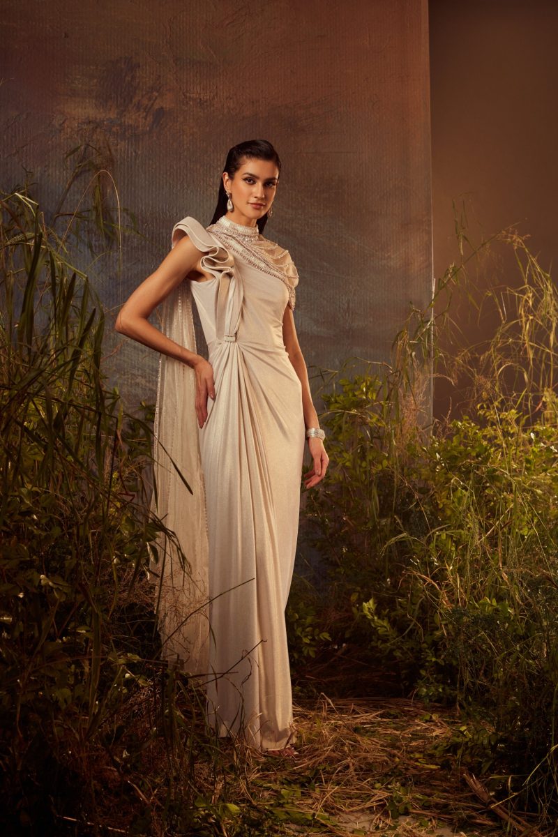 Ivory Embroidered Drape Saree Gown set - Image 2