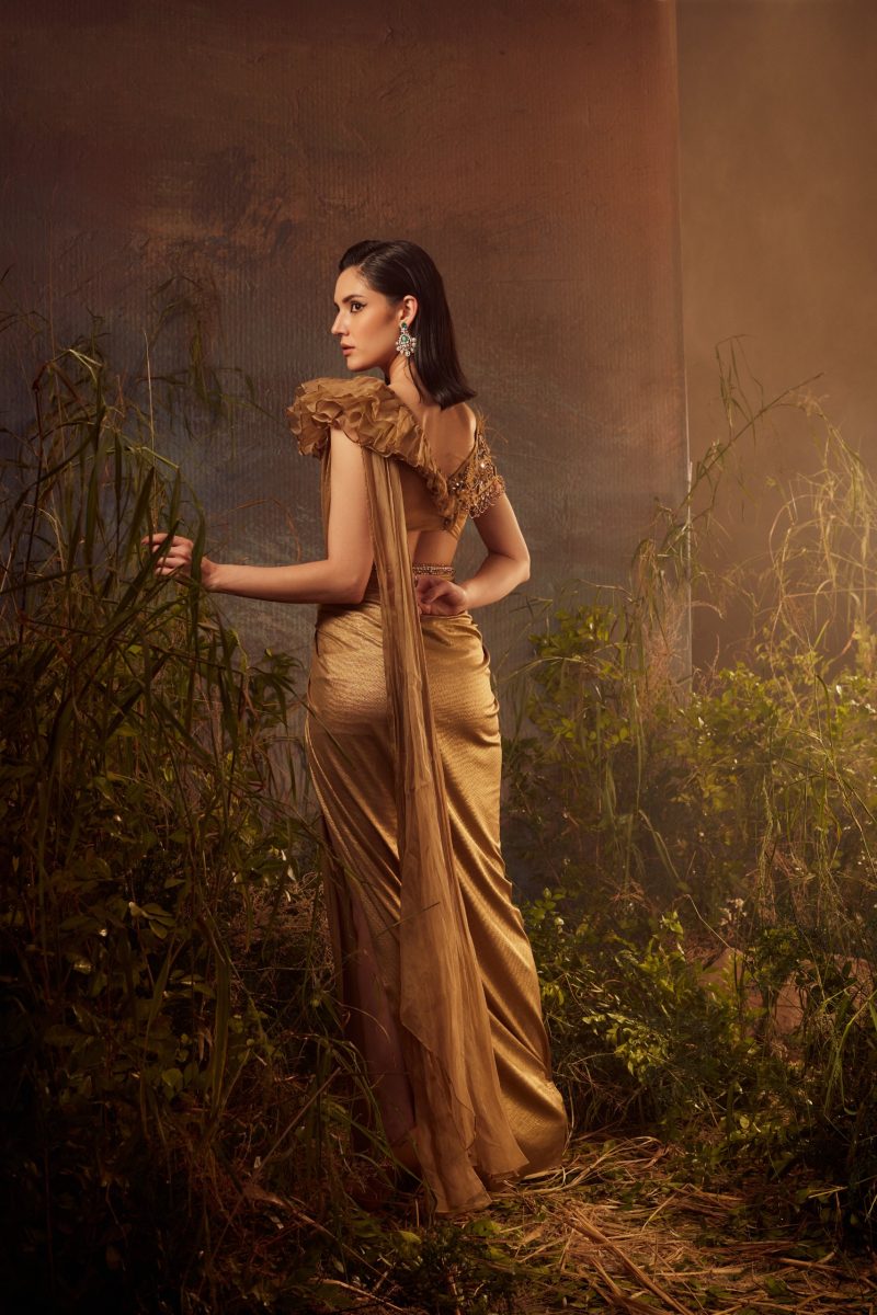 Metallic Gold Ruffle Blouse with Drape Saree - Image 3