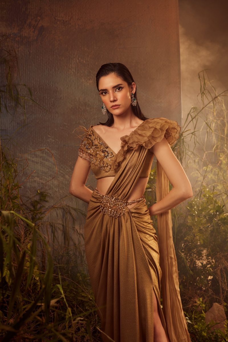 Metallic Gold Ruffle Blouse with Drape Saree - Image 2