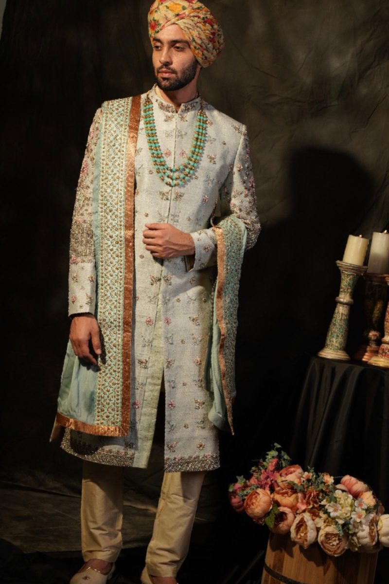 Blue Colour Sherwani With Matching Accessories - Image 3