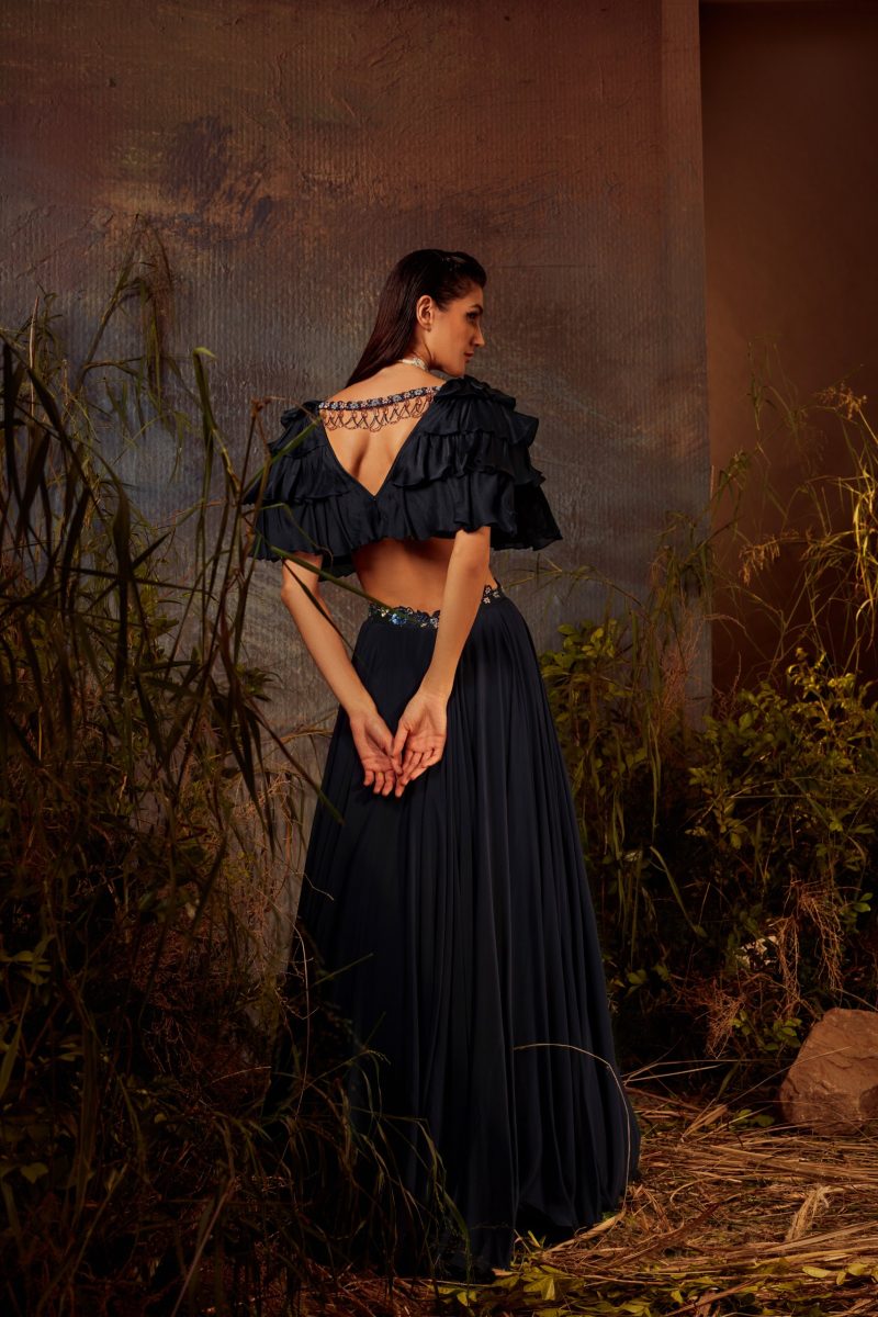 Midnight Blue Ruffle Cape Lehenga Set - Image 3