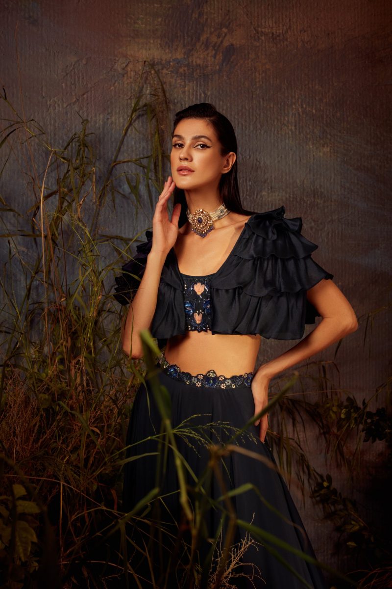 Midnight Blue Ruffle Cape Lehenga Set - Image 2