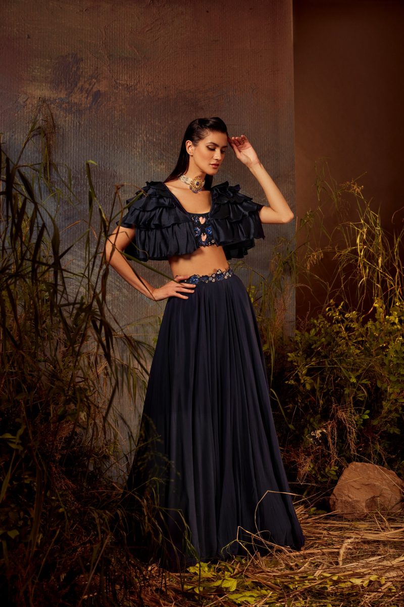 Midnight Blue Ruffle Cape Lehenga Set