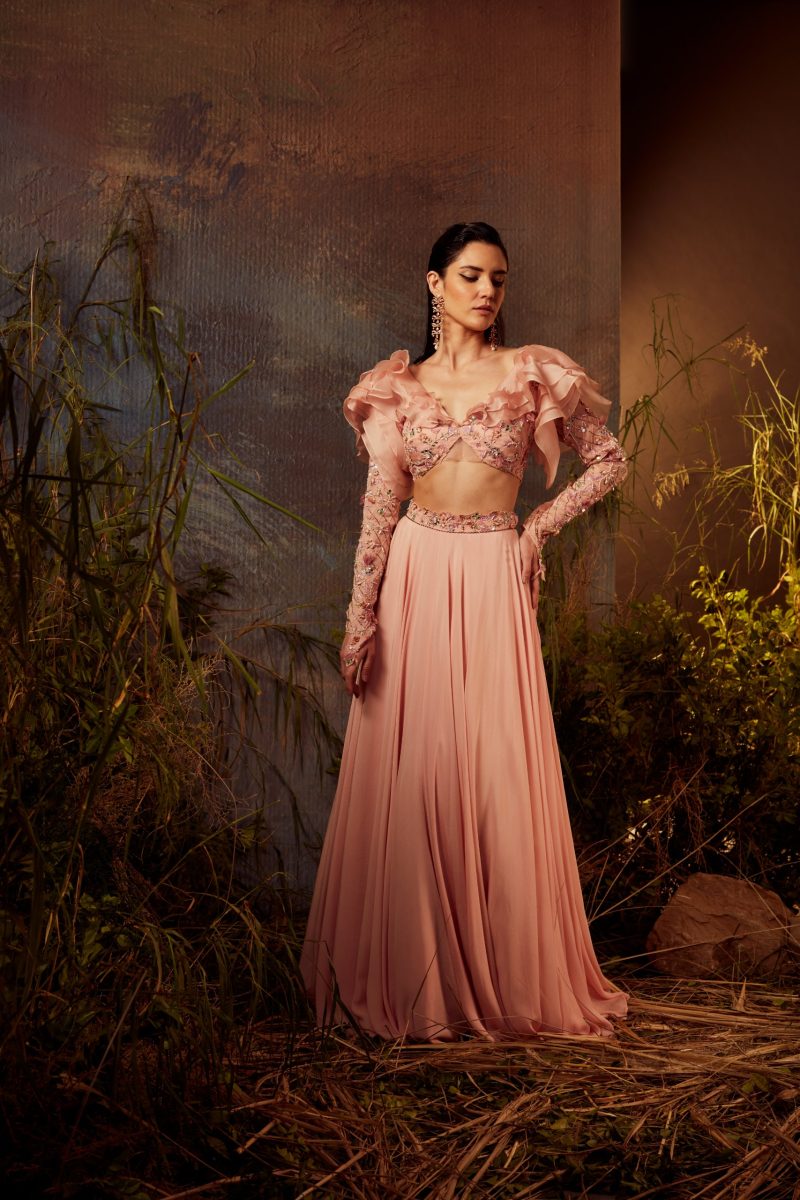 Blush Pink Ruffle Shoulder Blouse Lehenga Set - Image 3