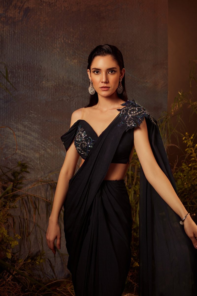 Midnight Blue Embroidered Pre Drapped Saree - Image 2