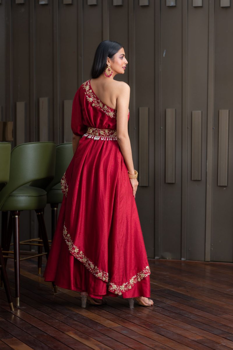 Fascinating Maroon Amber One Shoulder Gown - Image 2