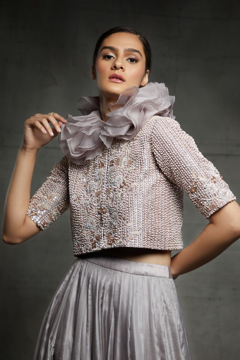 Dull Lilac Slit Skirt With Embroidered Jacket And Ruffle Neck - Image 2