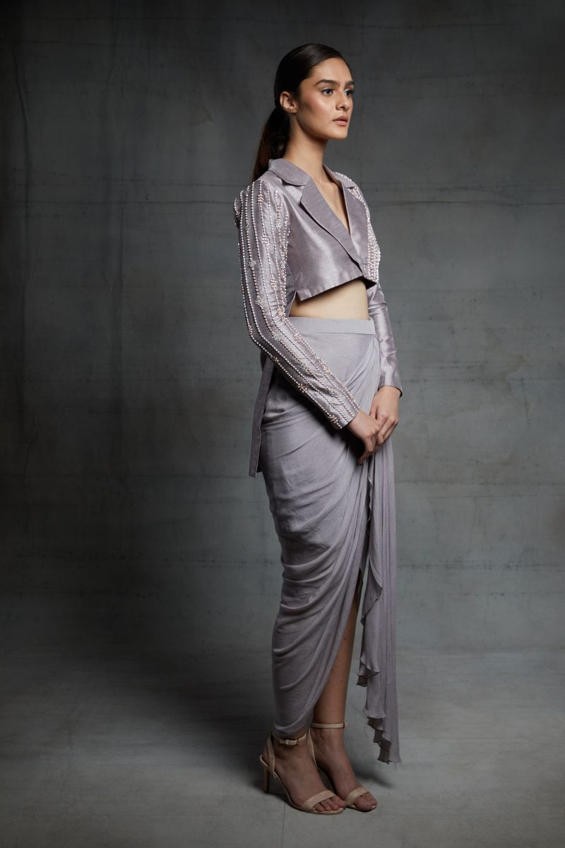 Dusted Lilac Dhoti With Short Blazer Set - Image 3