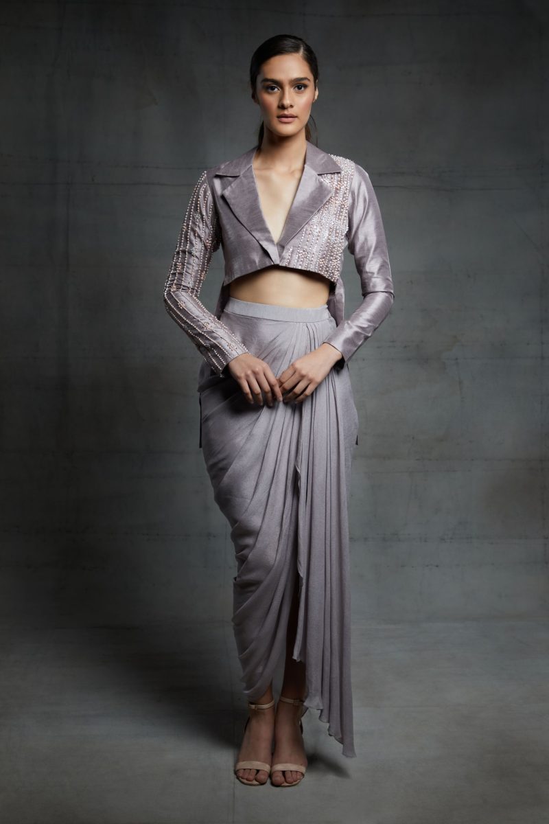 Dusted Lilac Dhoti With Short Blazer Set