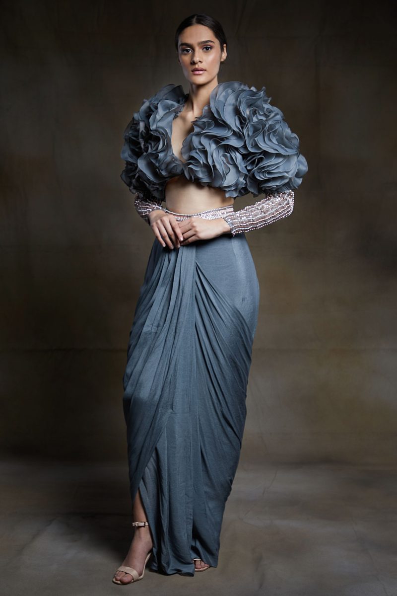 Grey draped dhoti set