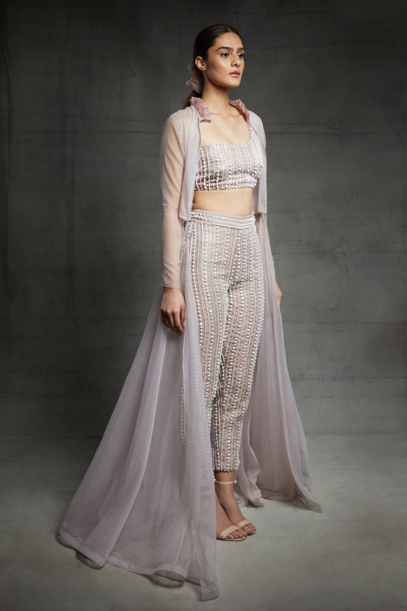 Blush Pink Embroidered Bustier And  Pants With Jacket