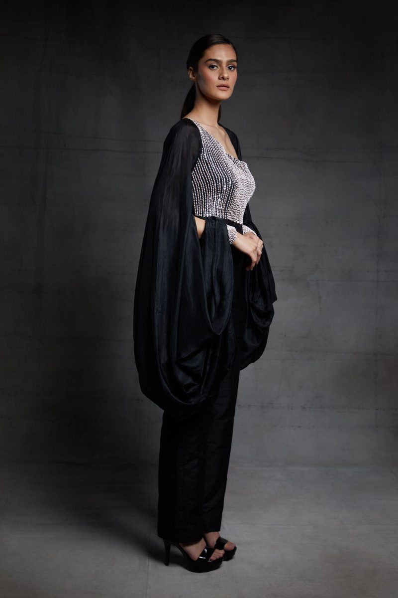 Black Embroidered Jumpsuit With Puff Sleeve - Image 4