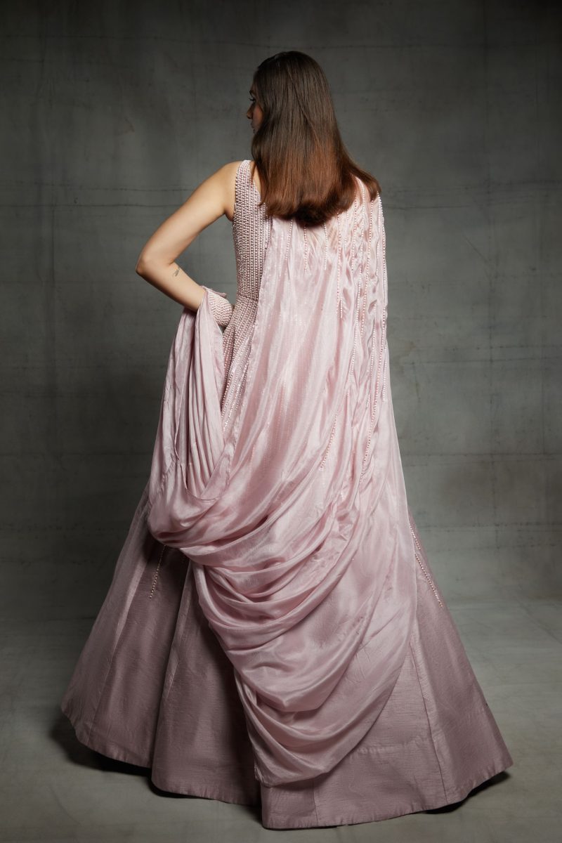 Pink Embroidered Gown With A Cape - Image 2