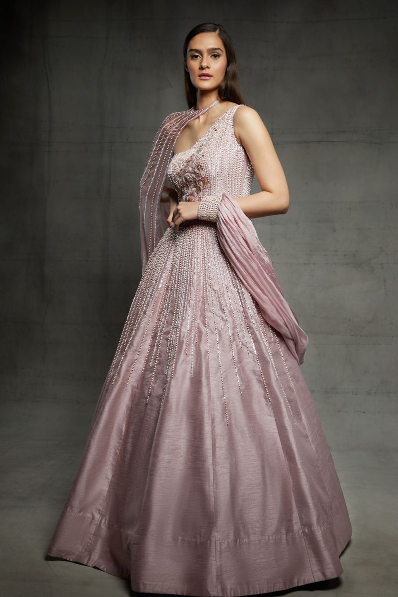 Pink Embroidered Gown With A Cape