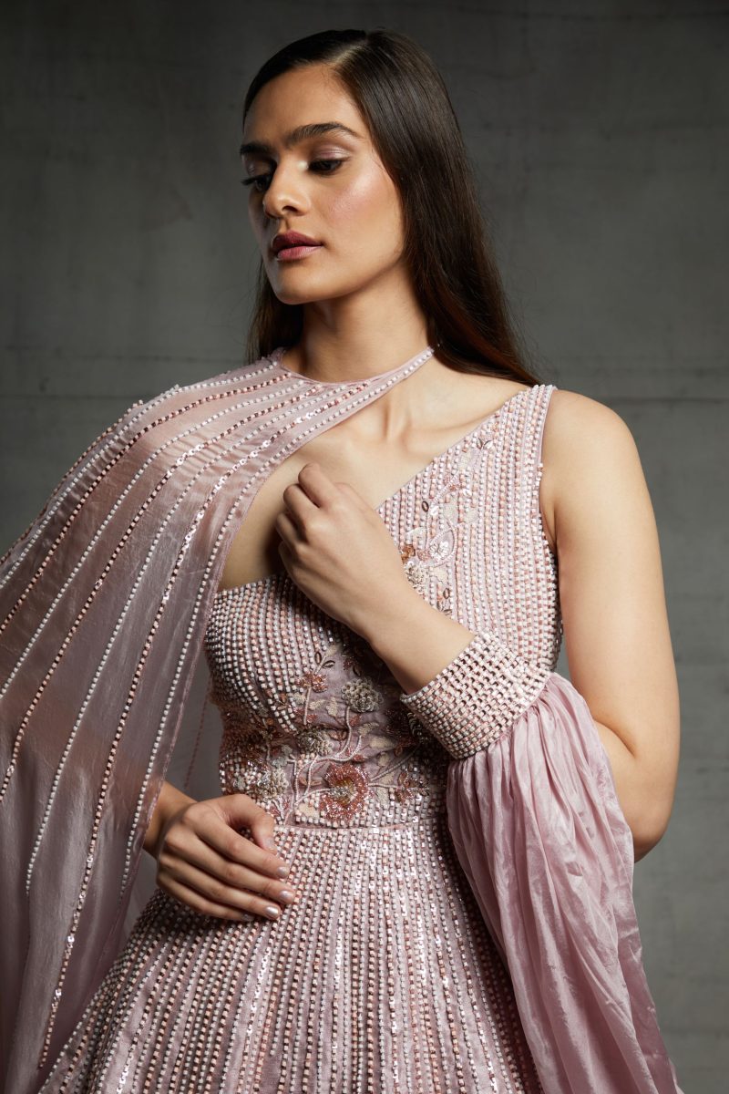 Pink Embroidered Gown With A Cape - Image 3