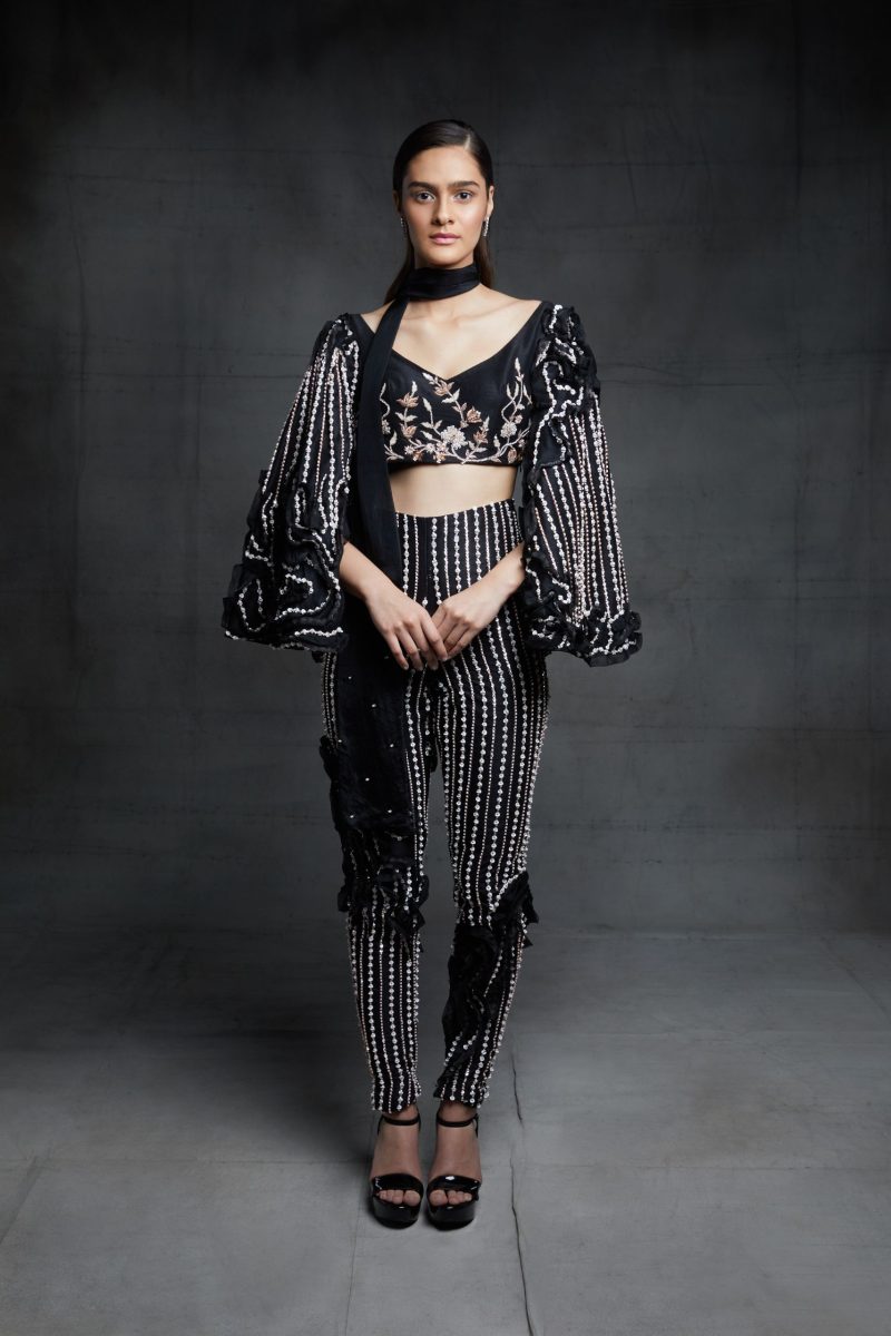 Cocktail Black Embroidered Ruffle Pant Sets