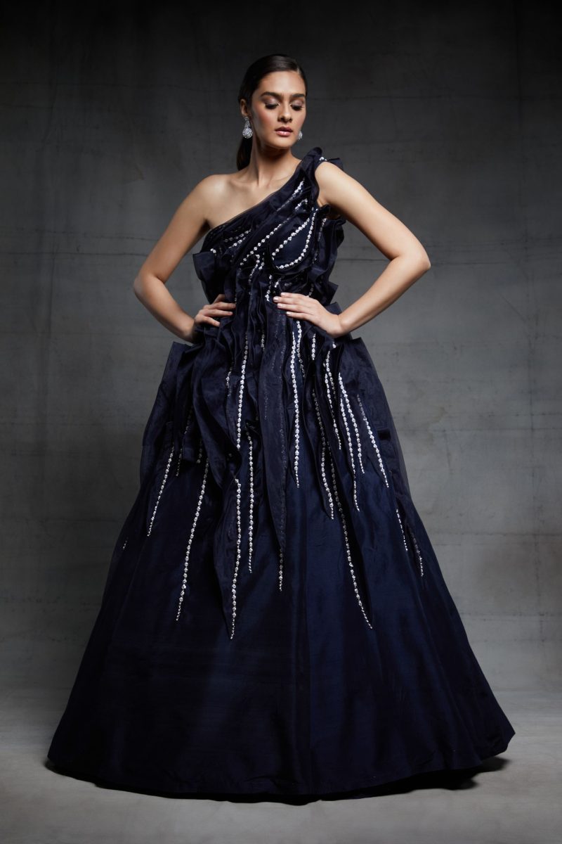 Midnight Blue Embroidered One Shoulder Ruffled Gown