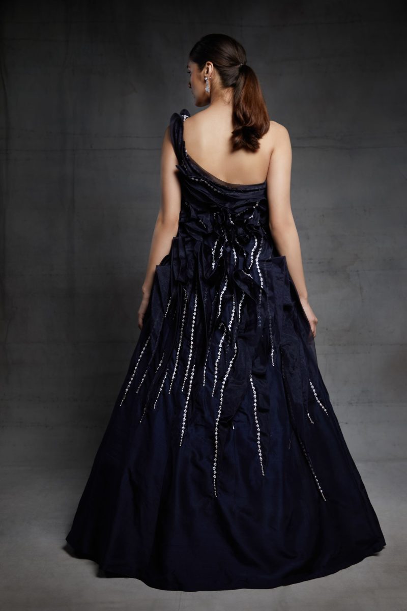 Midnight Blue Embroidered One Shoulder Ruffled Gown - Image 4