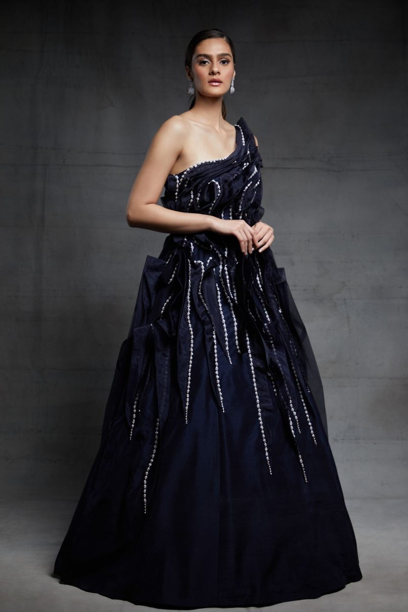 Midnight Blue Embroidered One Shoulder Ruffled Gown - Image 2