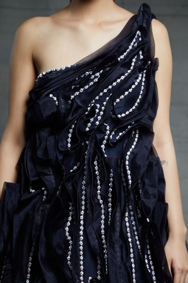 Midnight Blue Embroidered One Shoulder Ruffled Gown - Image 3