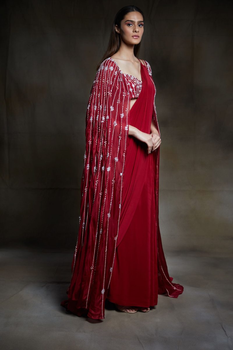 Crimson Embroidery Bustier Pre Draped Saree - Image 2