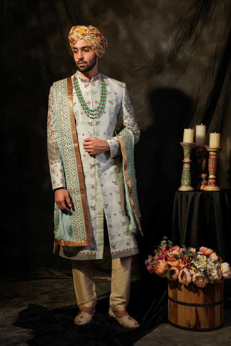 Blue Colour Sherwani With Matching Accessories