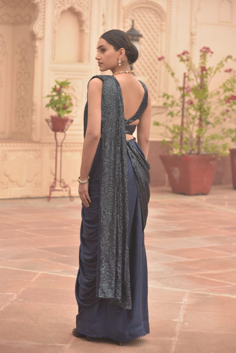 Lead Colored Sequenced Drape Saree - Image 4