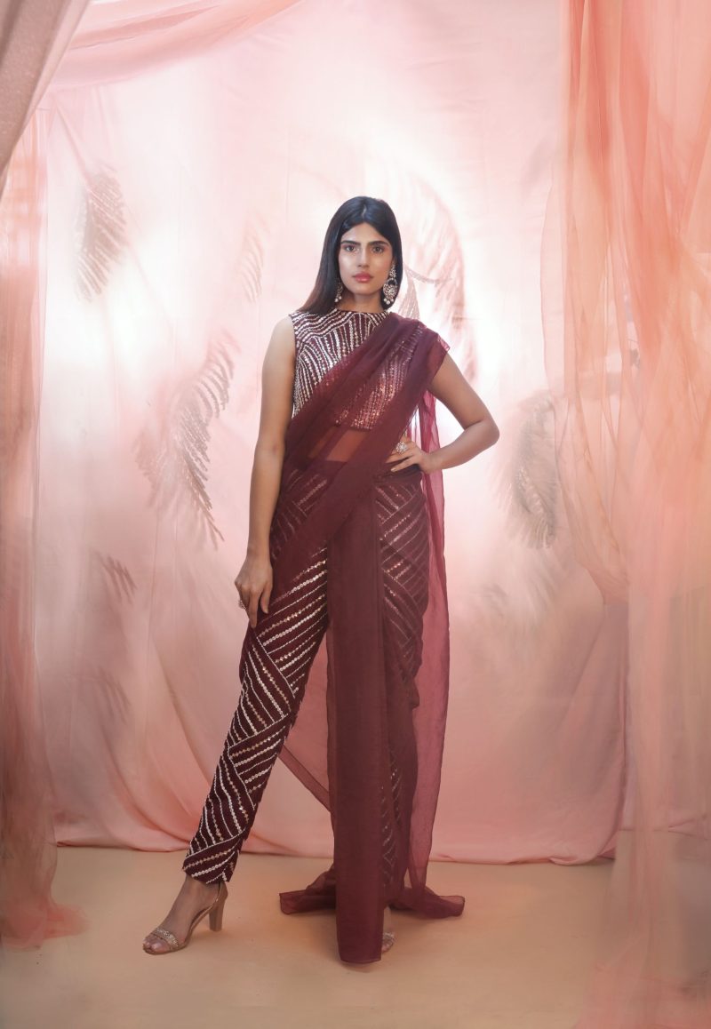 Wine Hand Embroidered Pant Saree Set