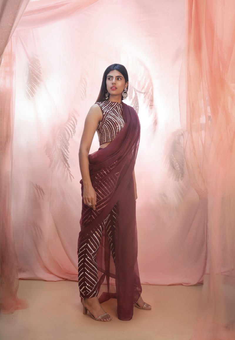 Wine Hand Embroidered Pant Saree Set - Image 2