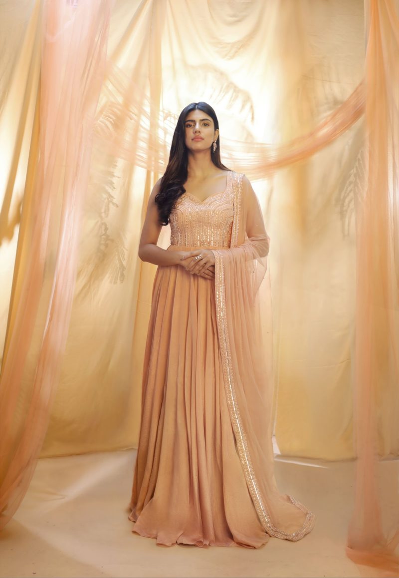 Peach Embroidered Anarkali With Dupatta