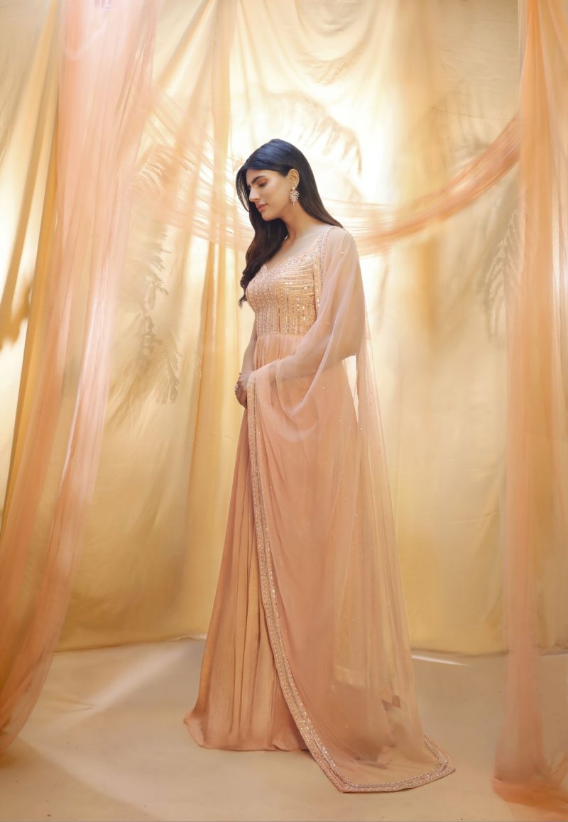 Peach Embroidered Anarkali With Dupatta - Image 2