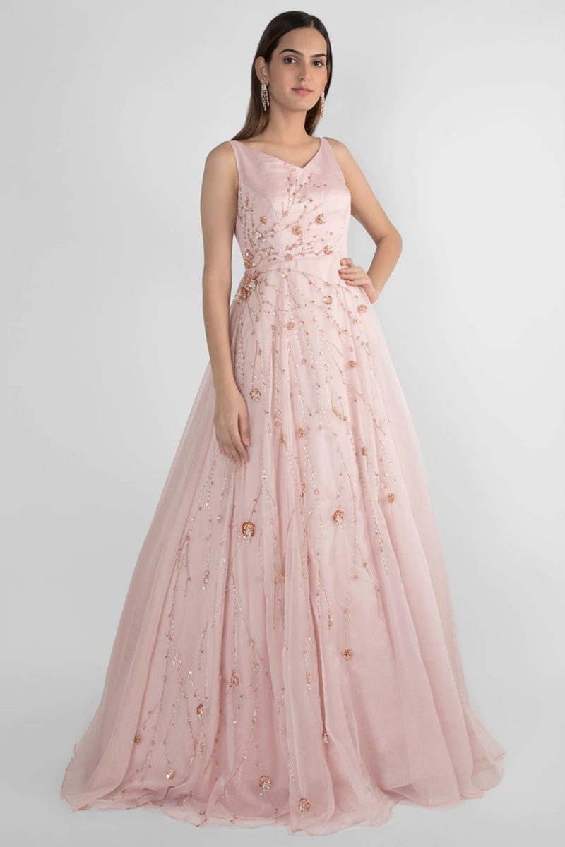 Pink Handloom Linen Organza Gown