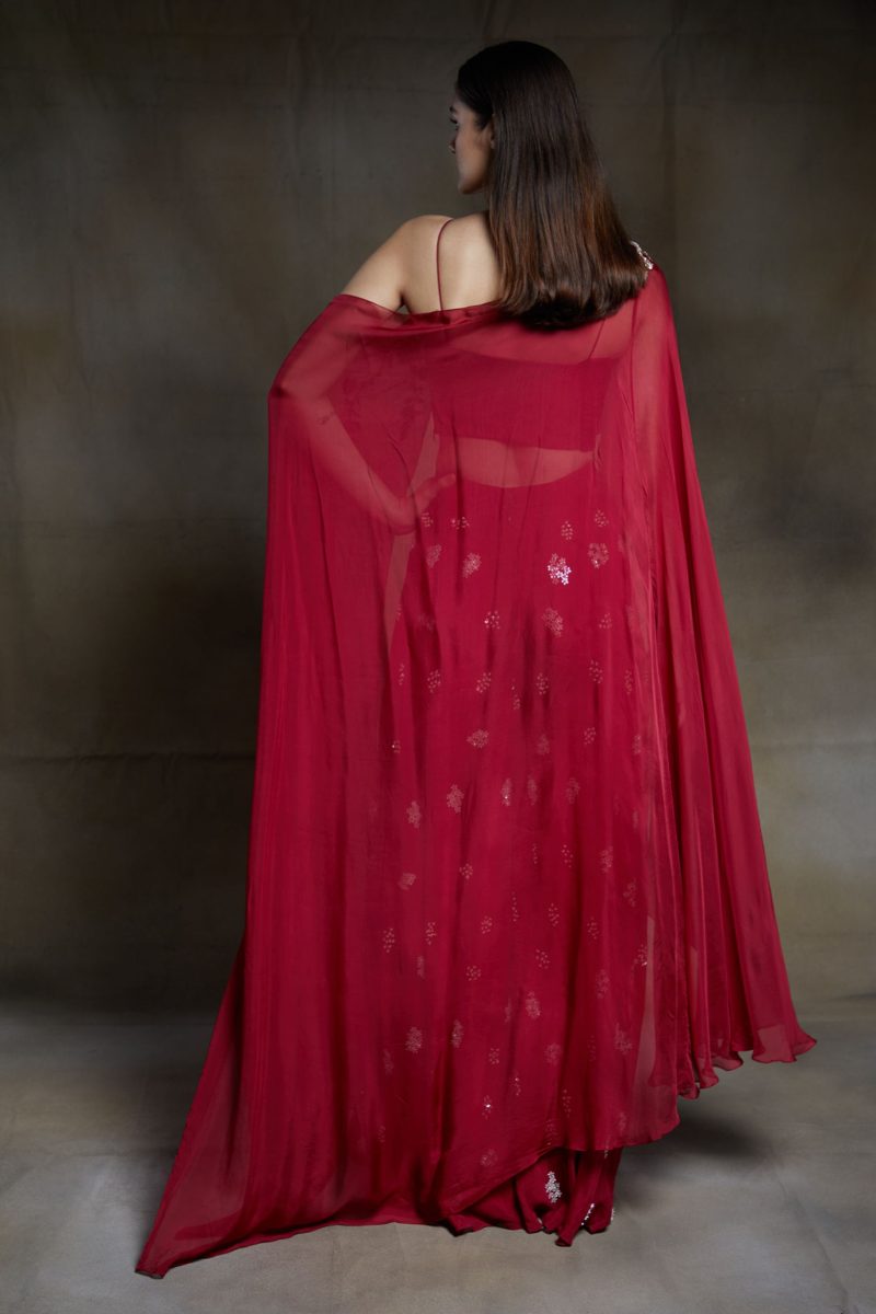 Crimson Embroidered Sharara Pant With One Shoulder Drape - Image 4