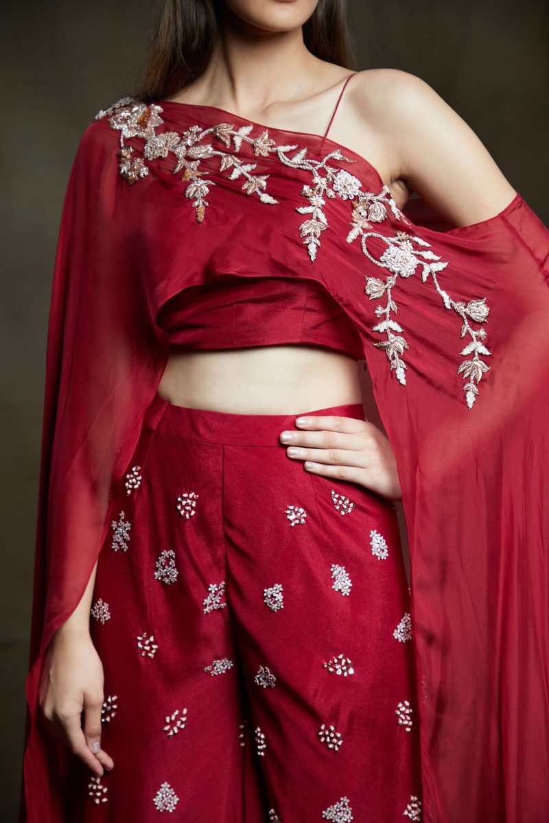 Crimson Embroidered Sharara Pant With One Shoulder Drape - Image 2