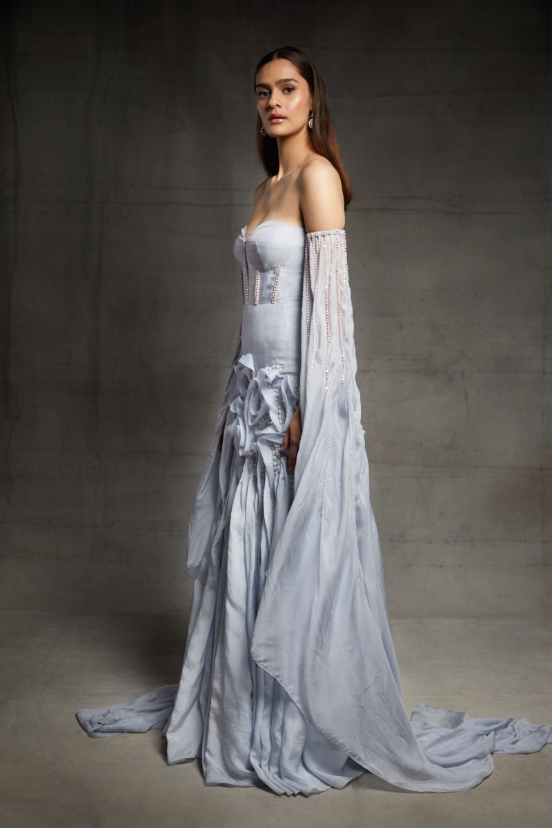 Lilac Blue Embroidered Ruffle Gown - Image 3